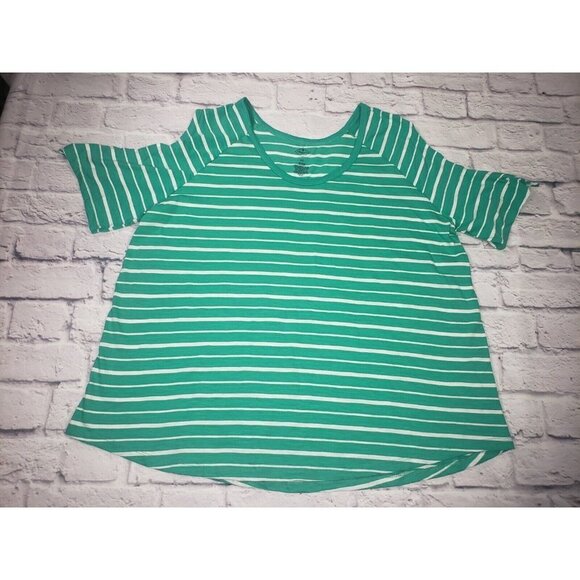 NEW St John's Bay Women's Size XXL Green White Stripe Open Shoulder Short Sleeve - Picture 1 of 6
